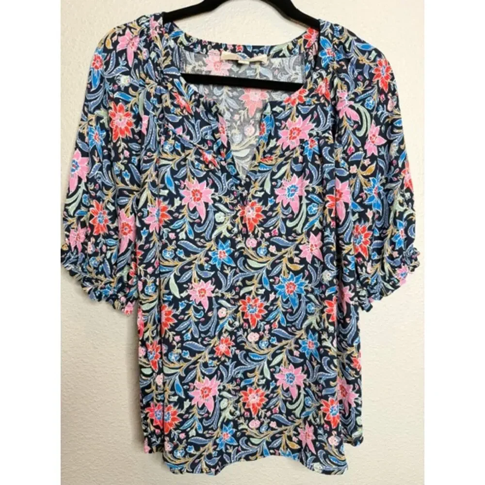 Loft Deep V-Neck Colorful Floral Blouse Puff Sleeve Sz Large